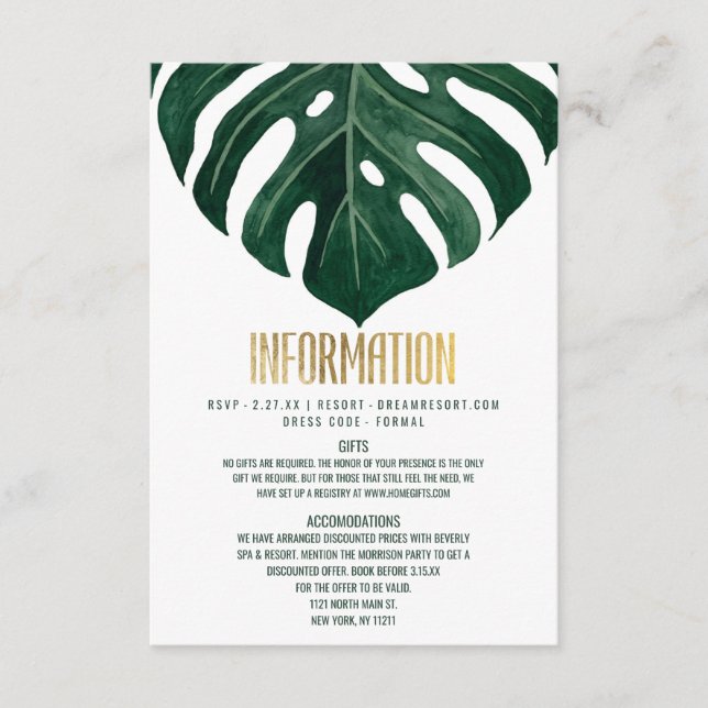 Carte D'accompagnement Modern Tropical Swiss Cheese Leaf Gold Détails (Devant)