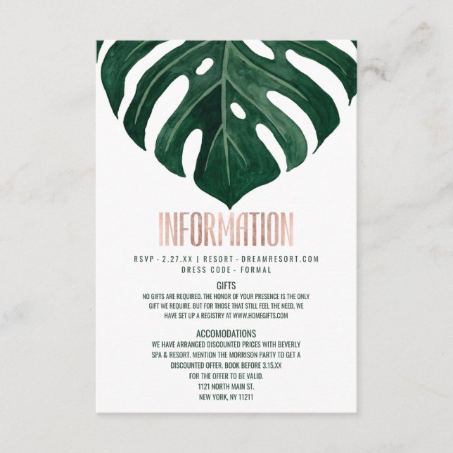 Carte D'accompagnement Modern Tropical Swiss Cheese Leaf Rose Gold Détail (Devant)