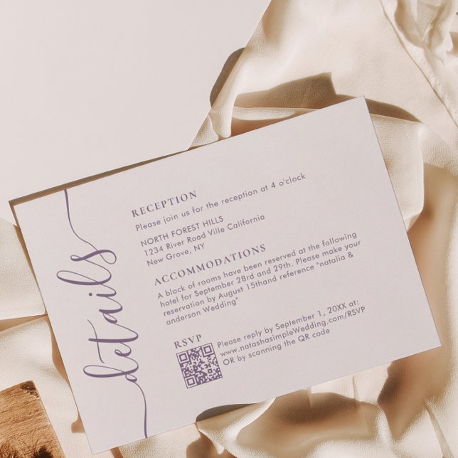 Carte D'accompagnement Moderne Chic Dusty Purple Script Détails Mariage (Créateur téléchargé)