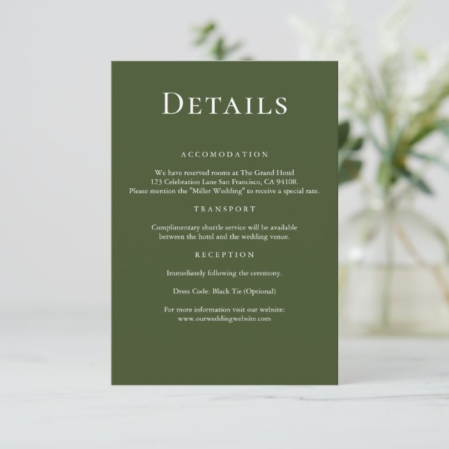 Carte D'accompagnement Moderne Elegant Olive Green Détails Mariage (Debout devant)