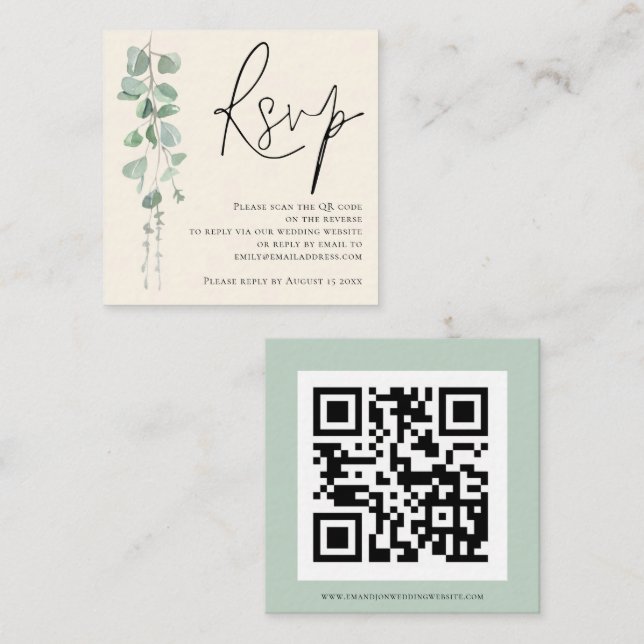 Carte D'accompagnement Moderne Eucalyptus ivoire Sage QR Code Mariage RSV (Devant / Derrière)
