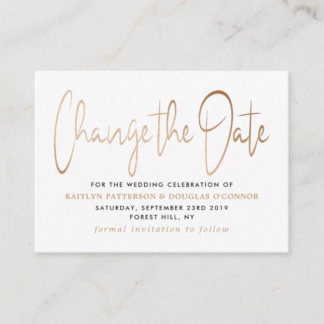 Carte D'accompagnement Moderne Gold Foil Script Modifier La Date (Devant)