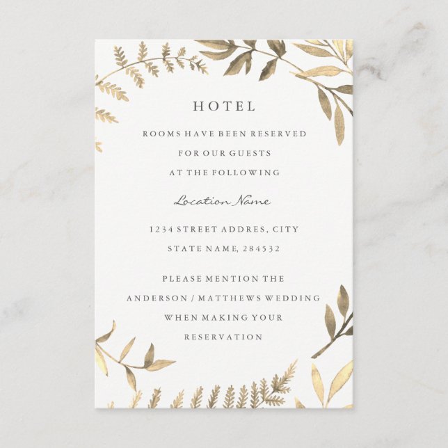 Carte D'accompagnement Moderne Gold Leaf Mariage Hôtel Hébergement (Devant)