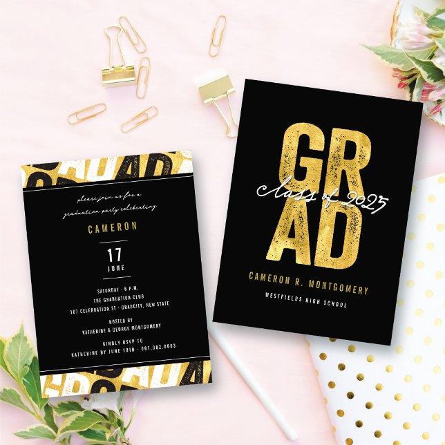 Carte D'accompagnement Moderne Gras Gold GRAD Soirée de graduation élégan (Modern Bold Gold GRAD Stylish Graduation Party Insert / Enclosure Card @ zazzle.com/color_therapy)