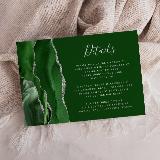 Carte D'accompagnement Moderne Hunter Green Silver Agate Détails Mariage (Créateur téléchargé)
