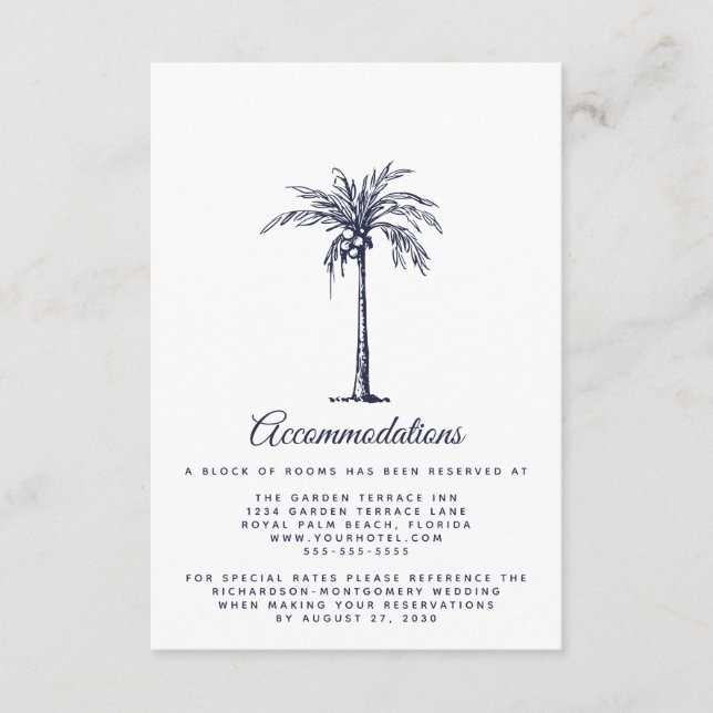 Carte D'accompagnement Moderne Marine Blue Palm Beach Mariages Hébergemen (Devant)