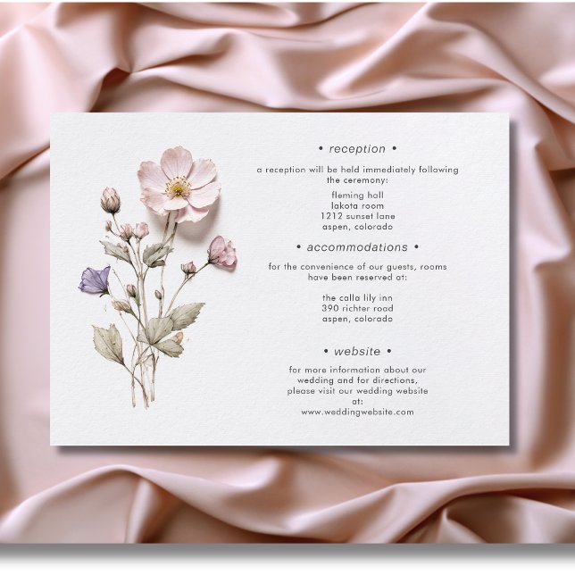Carte D'accompagnement Moderne Pressé Pastel Fleur sauvage Détails Mariag (Modern Pressed Pastel Wildflowers Wedding Details Enclosure Card)