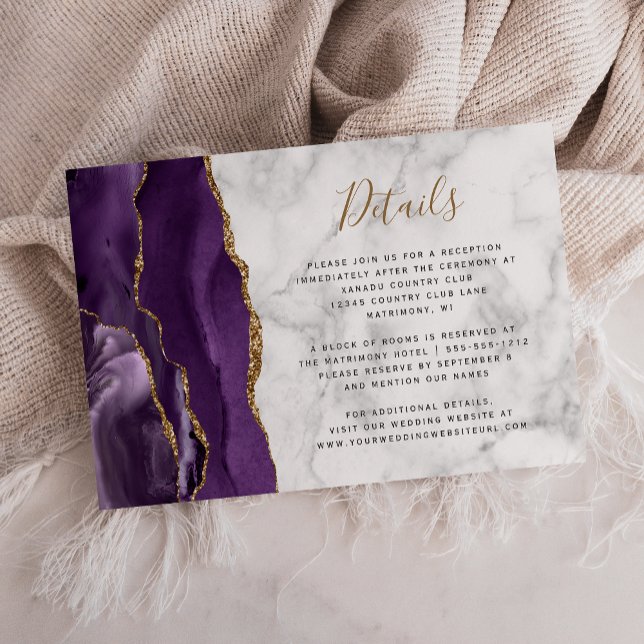 Carte D'accompagnement Moderne violet or Agate marbre Détails Mariage (Créateur téléchargé)