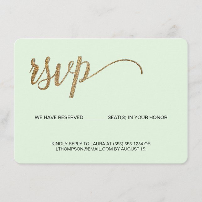 Carte D'accompagnement Monnaie vert faux or Siège réservé RSVP sans envoi (Devant)