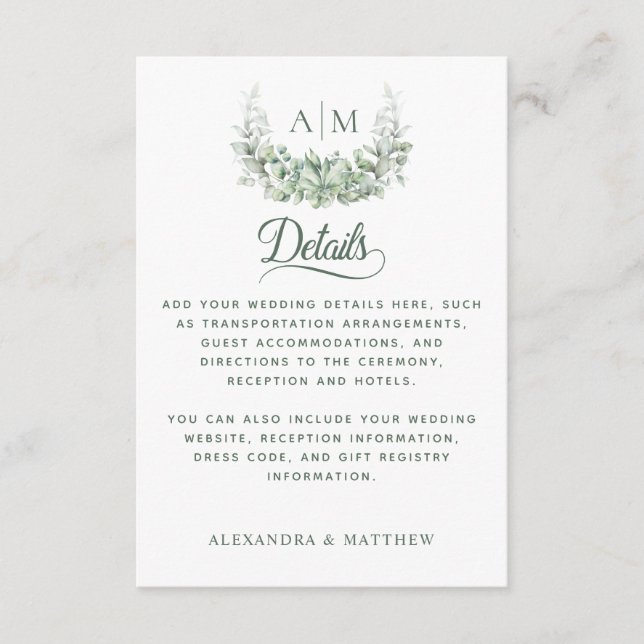 Carte D'accompagnement Monogram Green Elegant Wedding Détails (Devant)