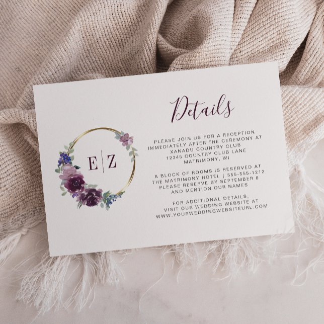 Carte D'accompagnement Monogram Purple Floral Wreath Détails du Mariage (Créateur téléchargé)