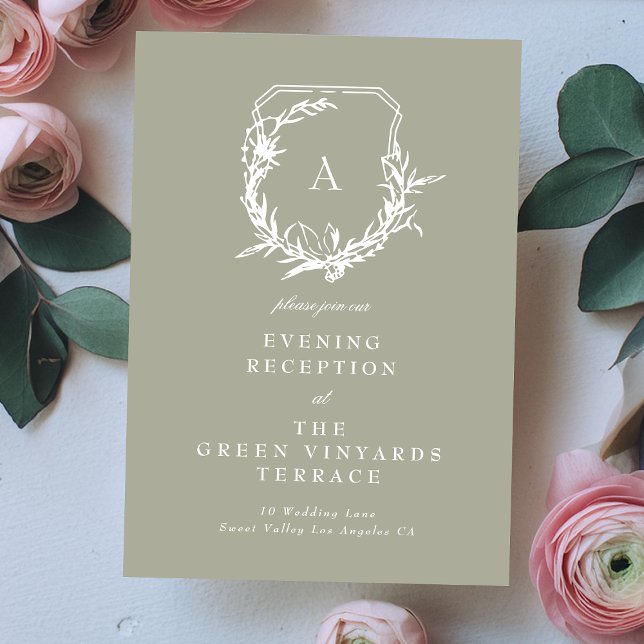 Carte D'accompagnement monogramme crête vert accueil de mariage (Créateur téléchargé)