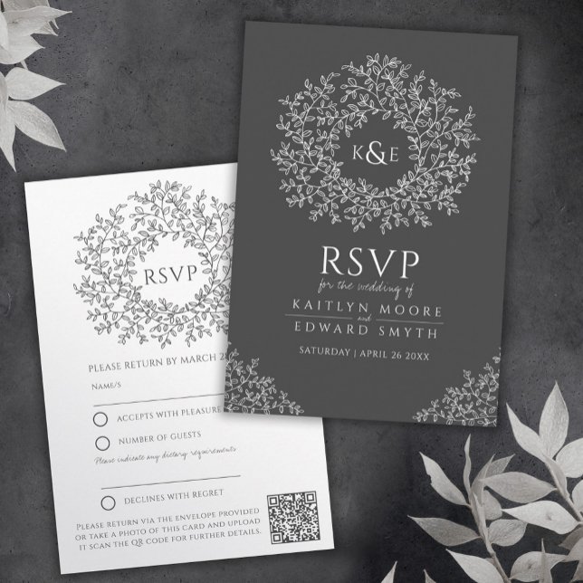 Carte D'accompagnement monogramme de feuille gris foncé RSVP mariage QR C (Créateur téléchargé)