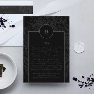 Carte D'accompagnement Monogramme élégant noir dramatique couronne floral