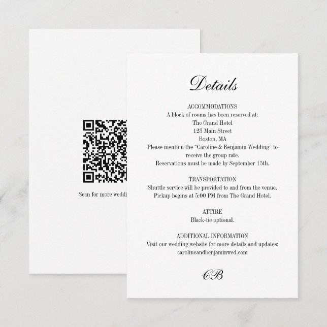Carte D'accompagnement Monogramme élégant QR mariage noir blanc script (Devant / Derrière)