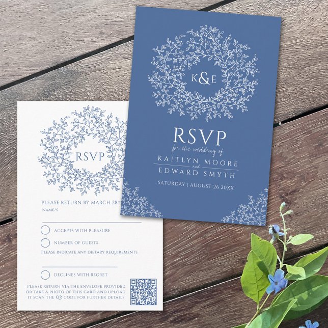 Carte D'accompagnement monogramme feuille bleu RSVP mariage QR Code (Créateur téléchargé)