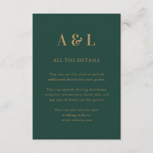 Carte D'accompagnement Monogramme minimaliste mariage Emerald Green Gold