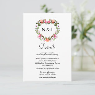 Carte D'accompagnement Monogramme Romantique Rose Floral Heart Mariage Dé