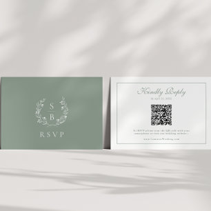 Carte D'accompagnement Monogramme Sage de couronne vert QR Code Mariage R