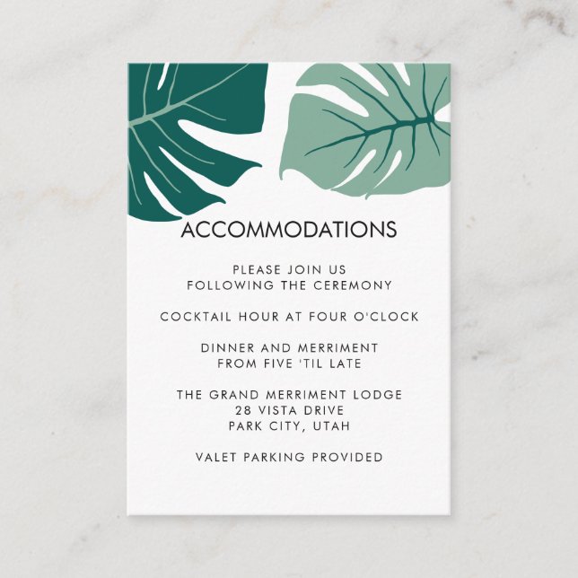 Carte D'accompagnement Monstera Green | Hébergement hôtelier Mariage (Devant)