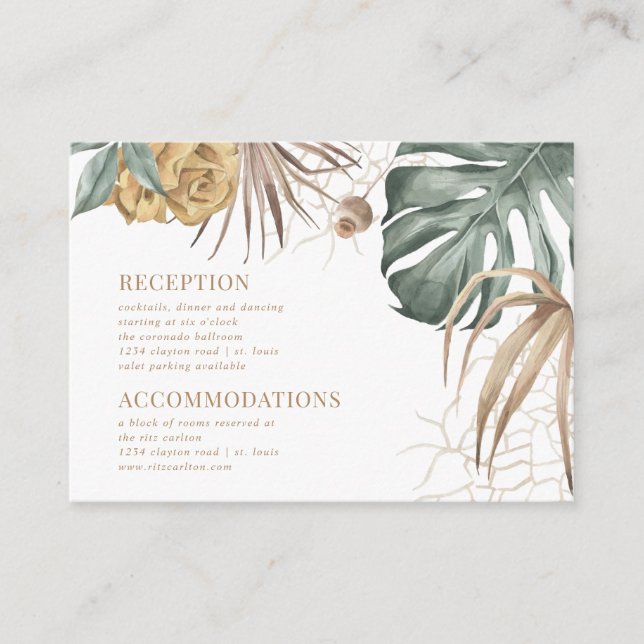Carte D'accompagnement Monstera Palm Fleurs tropicales Détails du Mariage (Devant)
