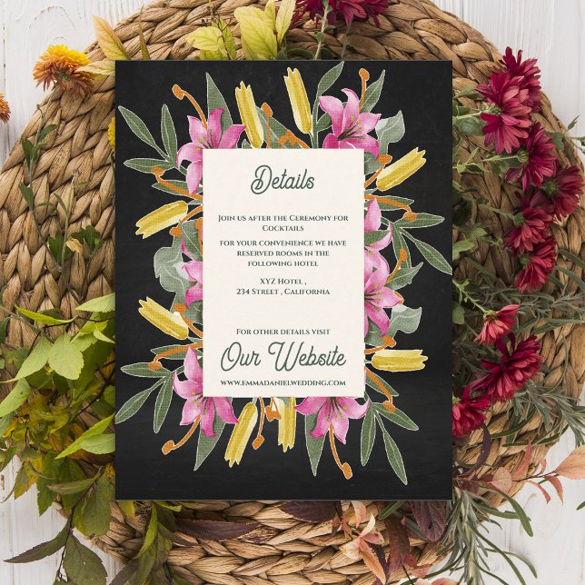 Carte D'accompagnement Moody Blush Lily Wedding Details Information (Moody Blush Lily Wedding Details Card | Elegant Black Floral Botanical Information Insert)