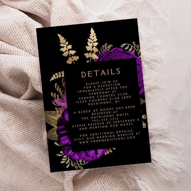 Carte D'accompagnement Moody Dark Floral Purple Gold Détails du Mariage (Créateur téléchargé)