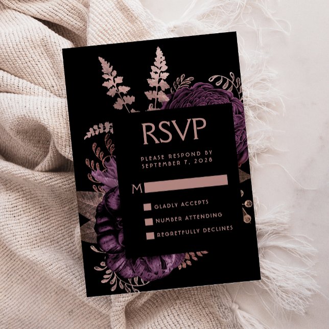 Carte D'accompagnement Moody Dark Floral Purple Rose Gold Wedding RSVP (Créateur téléchargé)