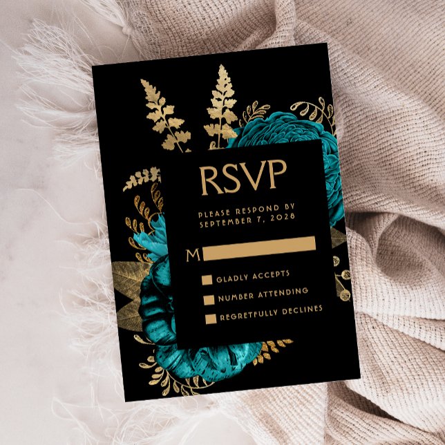 Carte D'accompagnement Moody Dark Floral Turquoise Gold Wedding RSVP (Créateur téléchargé)