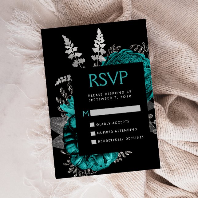 Carte D'accompagnement Moody Dark Floral Turquoise Mariage Argent RSVP (Créateur téléchargé)