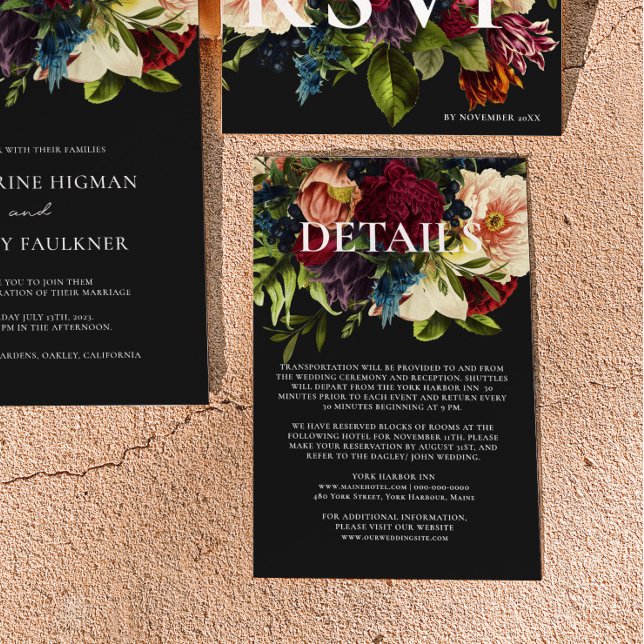 Carte D'accompagnement Moody Floral Burgundy et Black Mariages détails (Créateur téléchargé)
