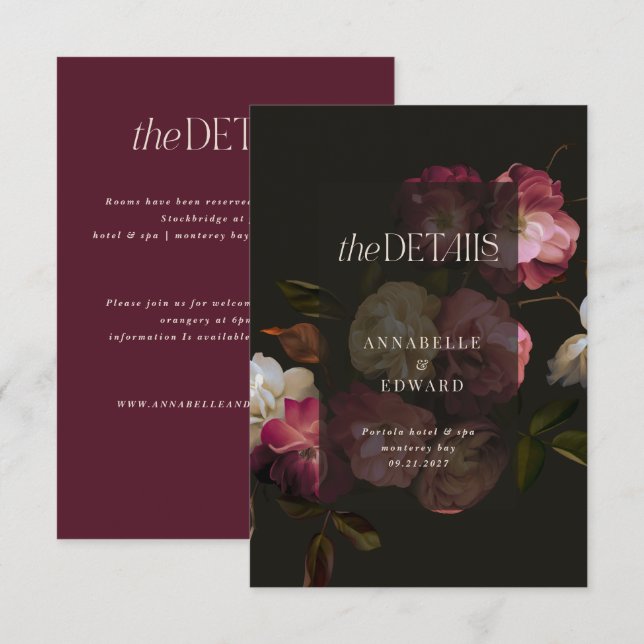 Carte D'accompagnement Moody Floral Wedding Details Burgundy & Black (Devant / Derrière)