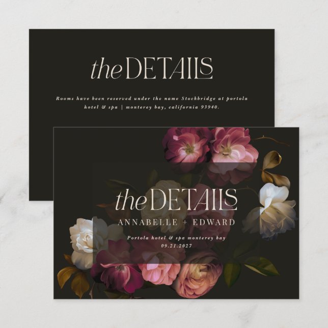 Carte D'accompagnement Moody Floral Wedding Details Burgundy & Black (Devant / Derrière)