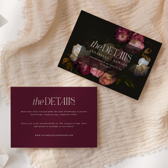 Carte D'accompagnement Moody Floral Wedding Details Burgundy & Black (Créateur téléchargé)
