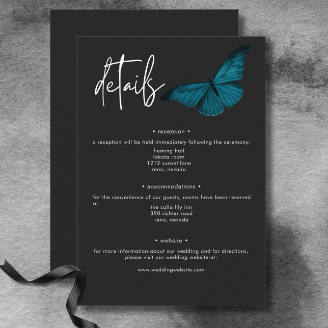 Carte D'accompagnement Moody foncé Minimal Moth Turquoise Détails du Mari (Dark Moody Minimal Teal Moth Wedding Details Enclosure Card)