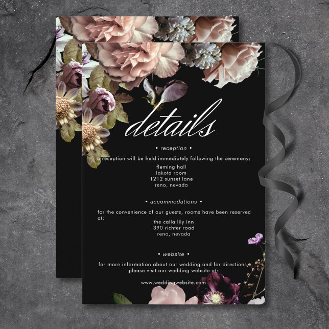 Carte D'accompagnement Moody foncé Pastel Opulent Floral noir Détails (Dark Moody Pastel Opulent Floral Black Details Enclosure Card)