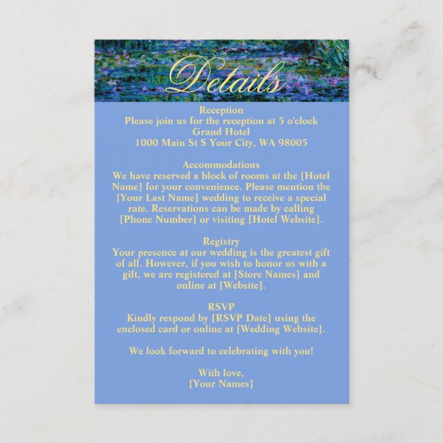 Carte D'accompagnement Moody Jewel Tone Monet Water Lilies Art Wedding (Devant)