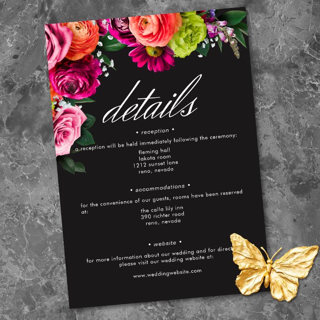 Carte D'accompagnement Moody Luxe Floral Vibrant Pink Black Wedding (Moody Luxe Floral Vibrant Pink Black Wedding Enclosure Card)