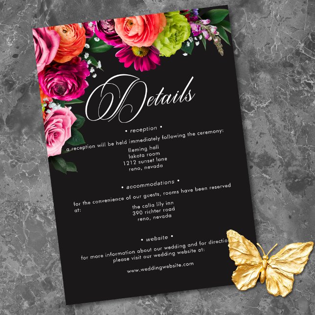 Carte D'accompagnement Moody Luxe Floral Vibrant Pink Black Wedding (Moody Luxe Floral Vibrant Pink Black Wedding Enclosure Card)
