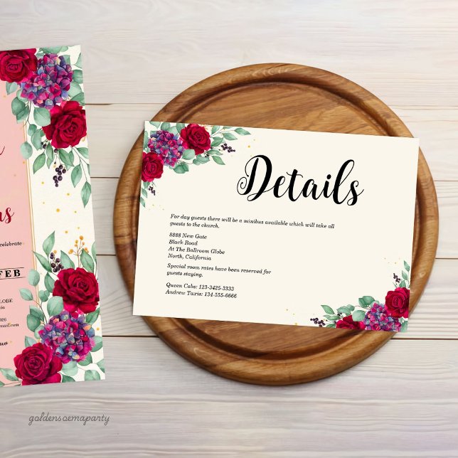Carte D'accompagnement Moody Red and Plum Purple Floral Wedding (Moody Red and Plum Purple Floral Wedding Enclosure Card)