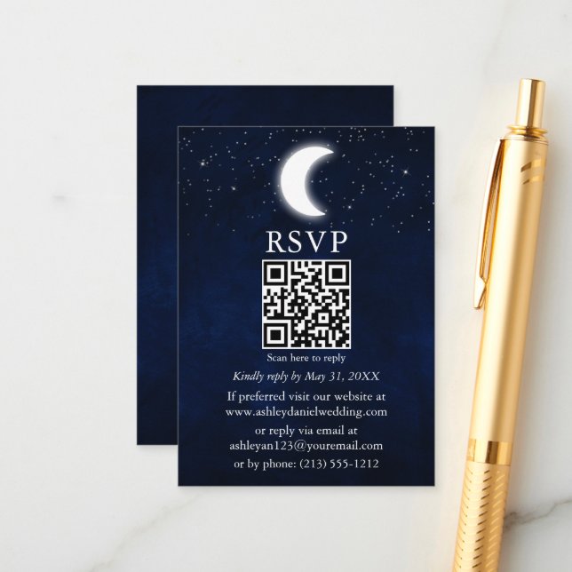 Carte D'accompagnement Moon Stars Mariage céleste QR RSVP (Devant/Arrière en situation)