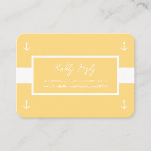Carte D'accompagnement Motif Nautique Blanc Jaune Site Web Mariage RSVP (Devant)