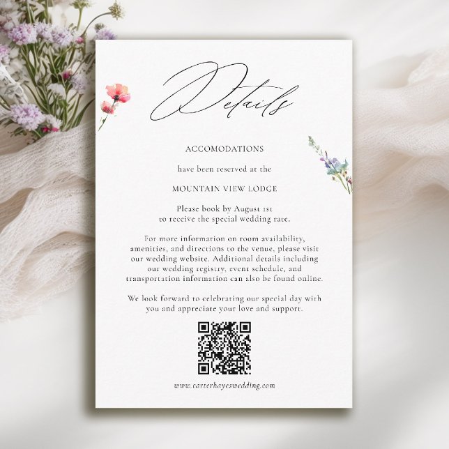 Carte D'accompagnement Mountain Wildflower Meadow Modern Wedding Details (mountain wedding details card qr code wildflowers meadow floral watercolor modern calligraphy)