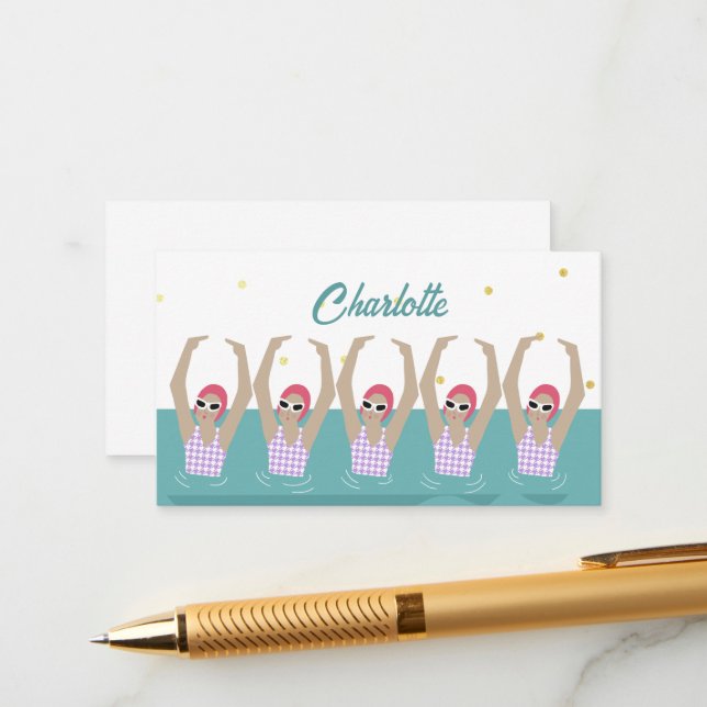 Carte D'accompagnement Natation Vintage moderne Artistique nageurs Synchr (Devant/Arrière en situation)