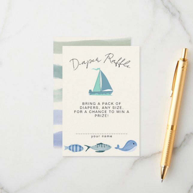 Carte D'accompagnement Nautical Blue Diaper Raffle Simple Boy´s Shower (Devant/Arrière en situation)