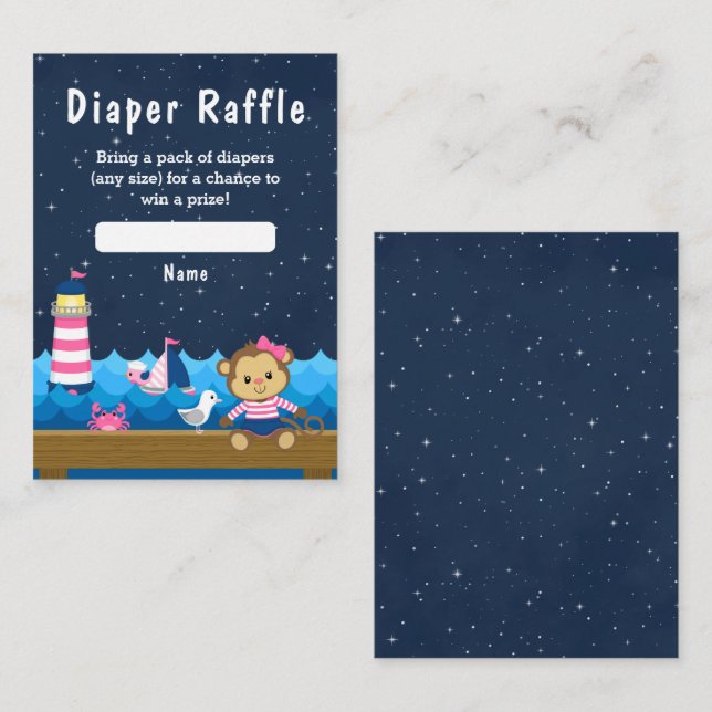 Carte D'accompagnement Nautical Girl Monkey Pink et Navy Diaper Raffle (Devant / Derrière)