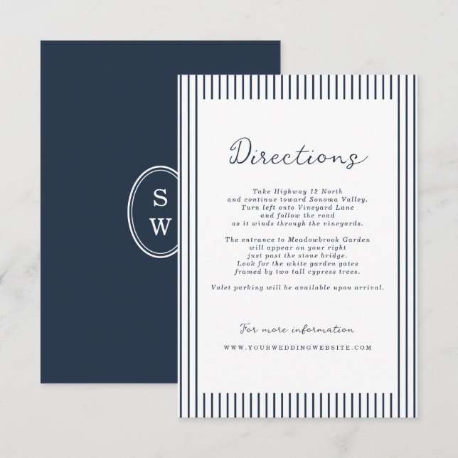 Carte D'accompagnement Nautical Navy Stripe Wedding Directions Card (Devant / Derrière)