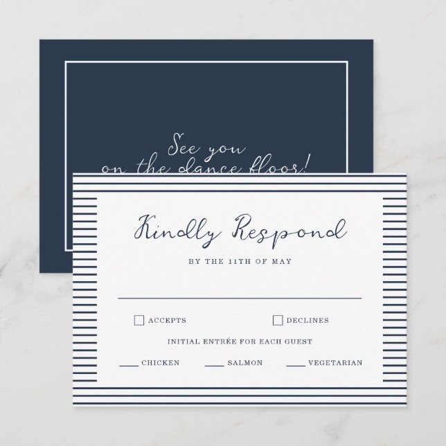 Carte D'accompagnement Nautical Navy Stripe Wedding RSVP Card (Devant / Derrière)