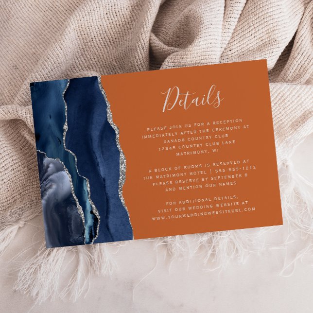 Carte D'accompagnement Navy Blue Agate Burnt Orange Détails du Mariage (Créateur téléchargé)