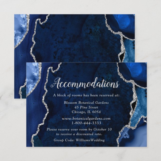 Carte D'accompagnement Navy Blue and Silver Agate Wedding Accommodations (Devant / Derrière)